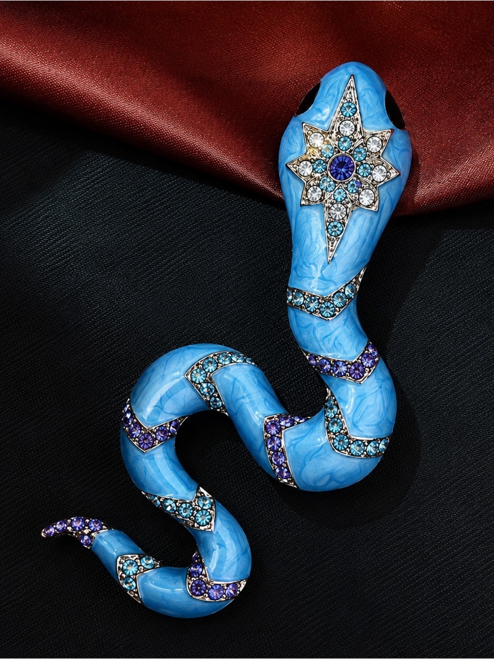 Blue Enamel Snake Brooch with Rhinestones – Jeweled Serpent Statement Pin